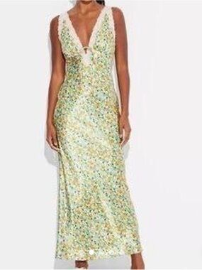 Wild Fable Satin Lace Trim Midi Slip Dress in a yellow and green floral print.
